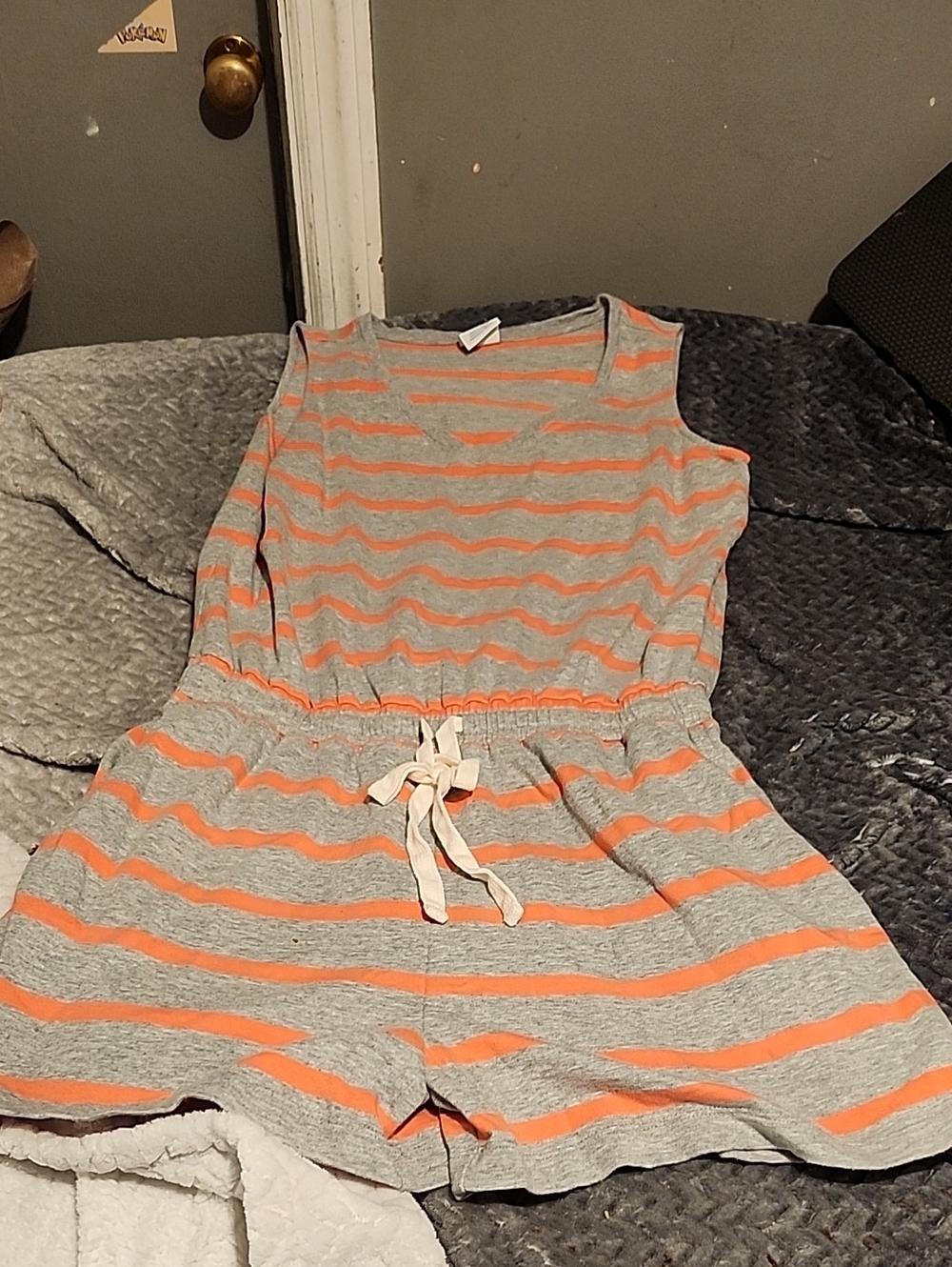 Amazon Essentials Gray and Orange Striped Sleeveless Romper with Drawstring